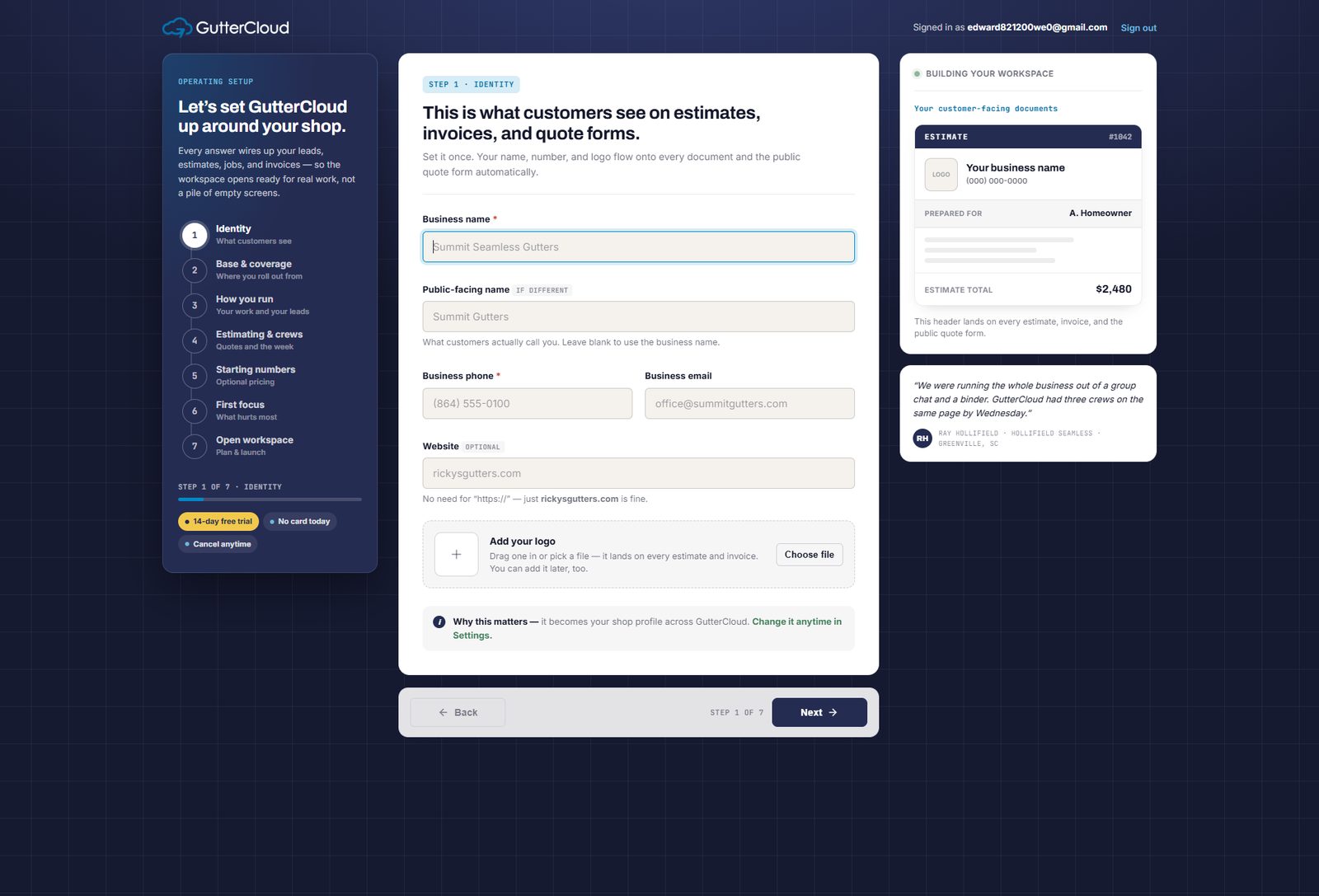 GutterCloud onboarding interface