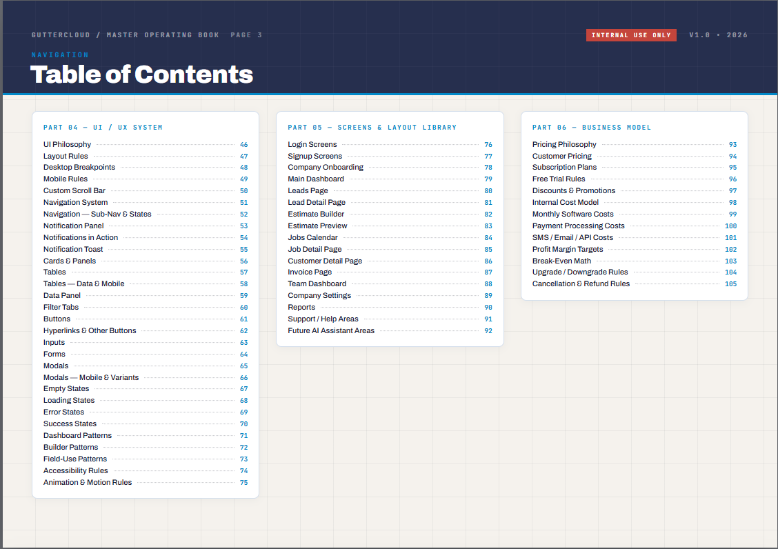 GutterCloud UI and business model table of contents