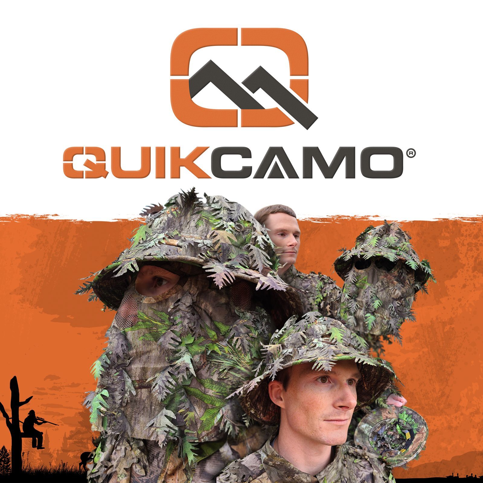 QuikCamo brand cover with leafy ghillie suits